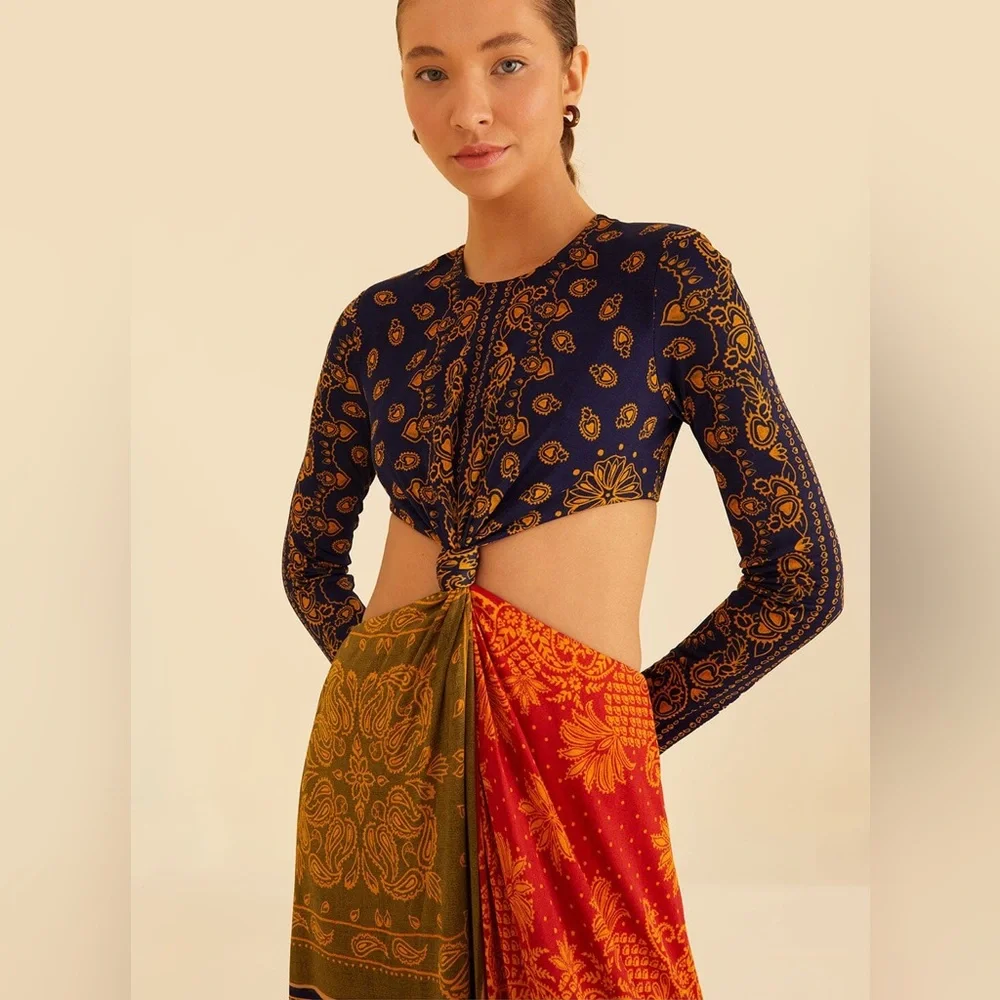 Farm Rio Multicolor Bandana Dream Cut Out Maxi Dress Large New Resort Vacation - Picture 4 of 11